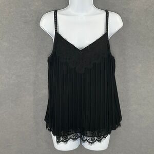 WHBM Tank Top Sz S Pleated Lace Trim‎ Black Whimsigoth Grunge Dark Fairy Boho
